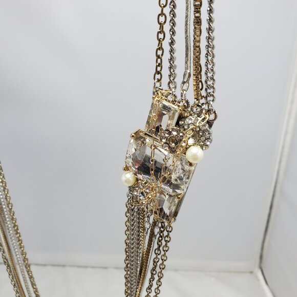 Bijou multi-strand necklace with gold & silver chains with glass stones - Picture 8 of 10